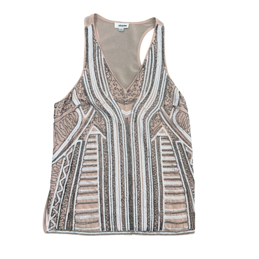 Storee Women Blush‎ Pink Beaded Sequin Art Deco Tank Top V-Neck Racerback Small